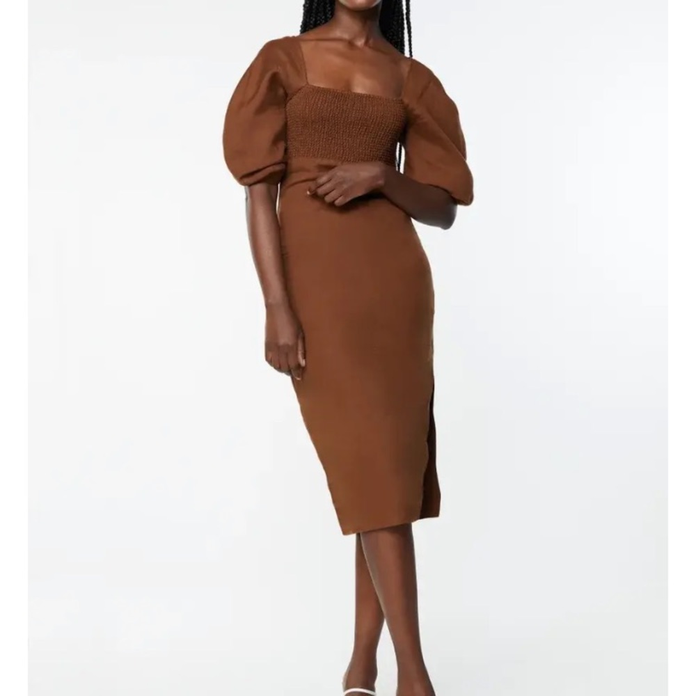 OAK + FORT Brown Puff-Sleeve Midi Dress